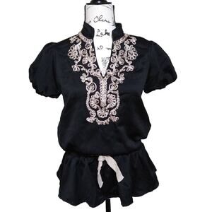 Moon Collection Puff Sleeve Blouse with Peplum & Soutache Trim Mandarin Collar